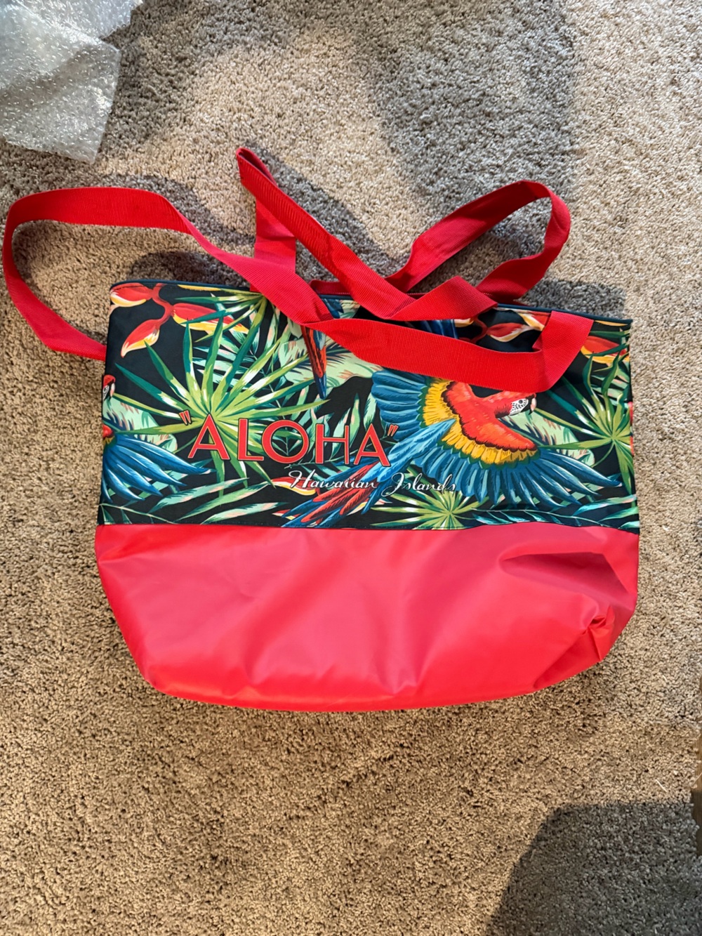New Aloha Tropical Parrot Beach Tote in Red and Multicolor